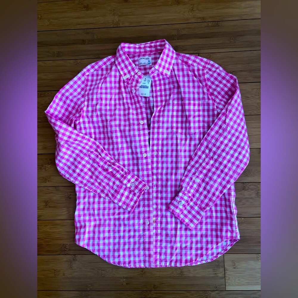 JCrew Kids button down pink and white plaid shirt size  12 NWT